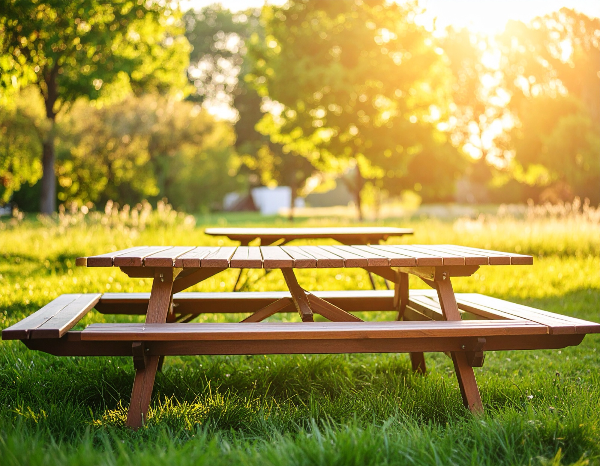 Outdoor picnic table in a green space